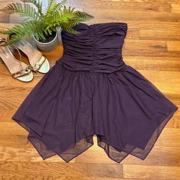 Mistress Rocks Womens Medium Purple Mesh Ruched Handkerchief Asymmetrical Dress - Picture 1 of 8
